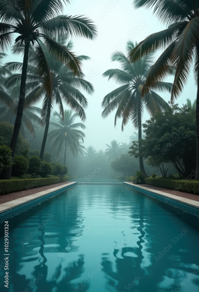 Fototapeta premium A tranquil resort scene featuring a serene swimming pool surrounded by palm trees in a misty atmosphere, perfect for relaxation and escaping into nature.