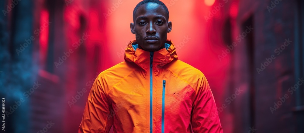 A person in a vibrant orange jacket stands confidently in a moody, urban alleyway. A person in a vibrant orange jacket stands confidently in a moody, urban alleyway.