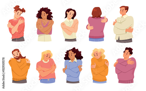 Man and Woman Hugging Themselves as Self Embrace Gesture Vector Illustration Set