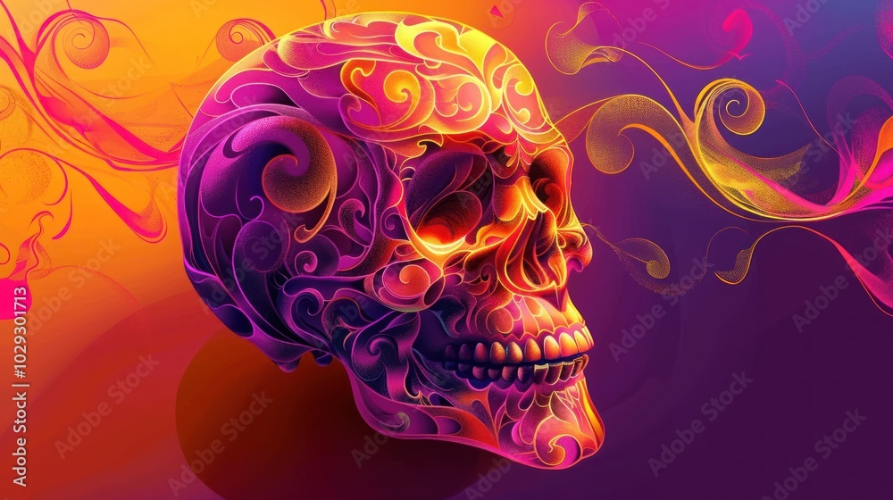 vibrant day of the dead inspired design with swirling colorful patterns, halloween skull art