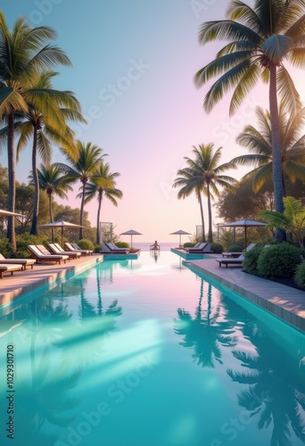 A stunning resort pool scene with palm trees and a tranquil atmosphere, perfect for promoting luxury travel and relaxation.