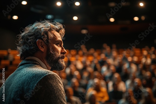 A speaker addresses an audience in a theater setting, conveying ideas and engaging listeners.