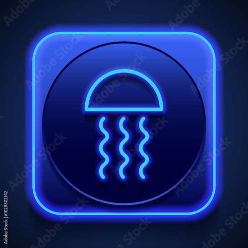 Jellyfish simple icon. Flat design. Blue neon style on button. With shadow