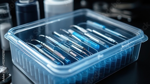 A clear container holding various dental instruments for medical procedures. photo