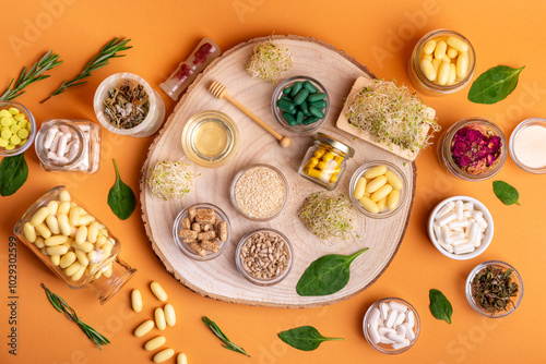 Wallpaper Mural Homeopathy. Homeopathic medicine, pills and capsules in a beautiful composition with green leaves and various plants on a wooden desk on an orange background, top view Torontodigital.ca