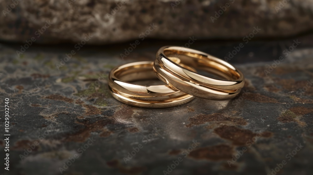 Two Shiny Gold Wedding Bands Resting on a Rough Surface Two Shiny Gold Wedding Bands Resting on a Rough Surface