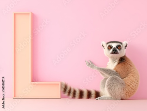 L formed by a lemur sitting with its long tail extending out to create the right-angle shape of the letter L, soft peach background photo