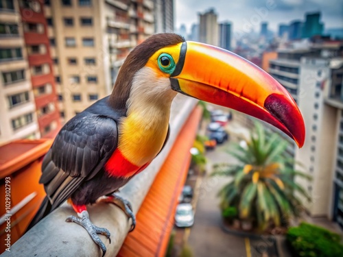 Vibrant Keelbilled Toucan in Urban Jungle Setting - National Bird of Belize photo