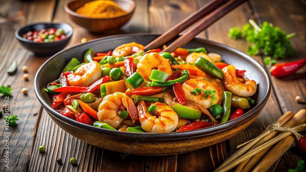 Vibrant King Prawn Chinese Stir Fry in a Bowl with Chopsticks – Delicious Asian Cuisine Vibrant King Prawn Chinese Stir Fry in a Bowl with Chopsticks – Delicious Asian Cuisine
