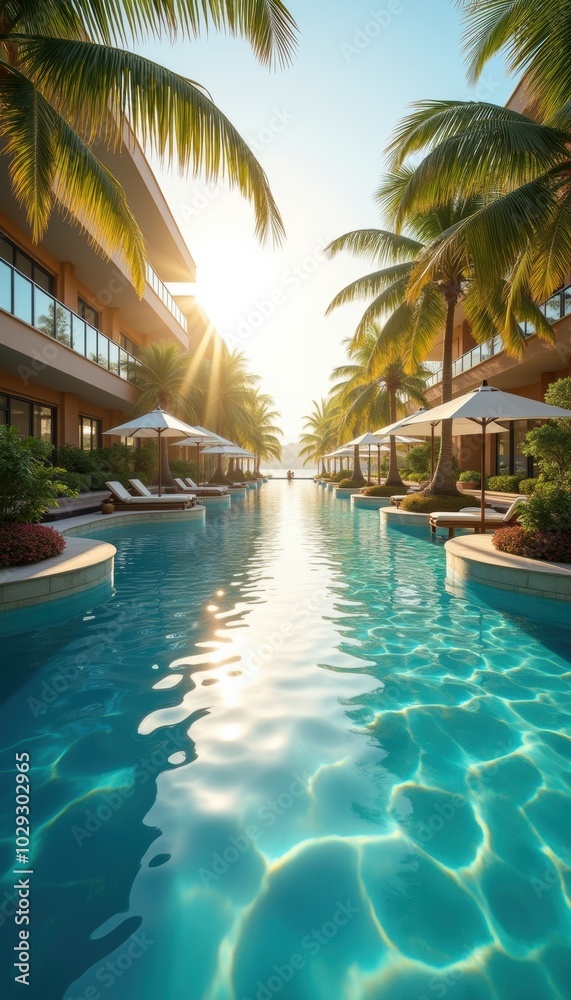 Fototapeta premium Tranquil resort pool surrounded by lush palm trees, perfect for relaxation and luxury getaway vibes. Ideal for travel brochures, hotel promotions, and lifestyle websites.