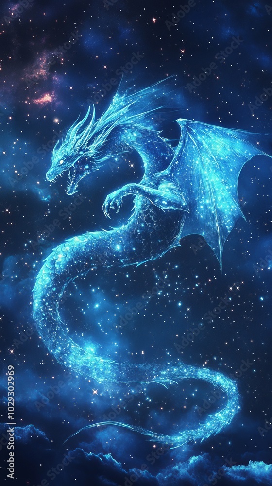 Mystical Blue Dragon in Starry Sky