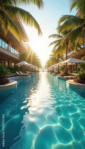 Tranquil resort pool surrounded by lush palm trees  perfect for relaxation and luxury getaway vibes. Ideal for travel brochures  hotel promotions  and lifestyle websites.