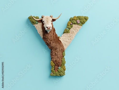 Y created by a yak standing tall with its horns curving outward to form the branches of the letter Y, pale blue background photo