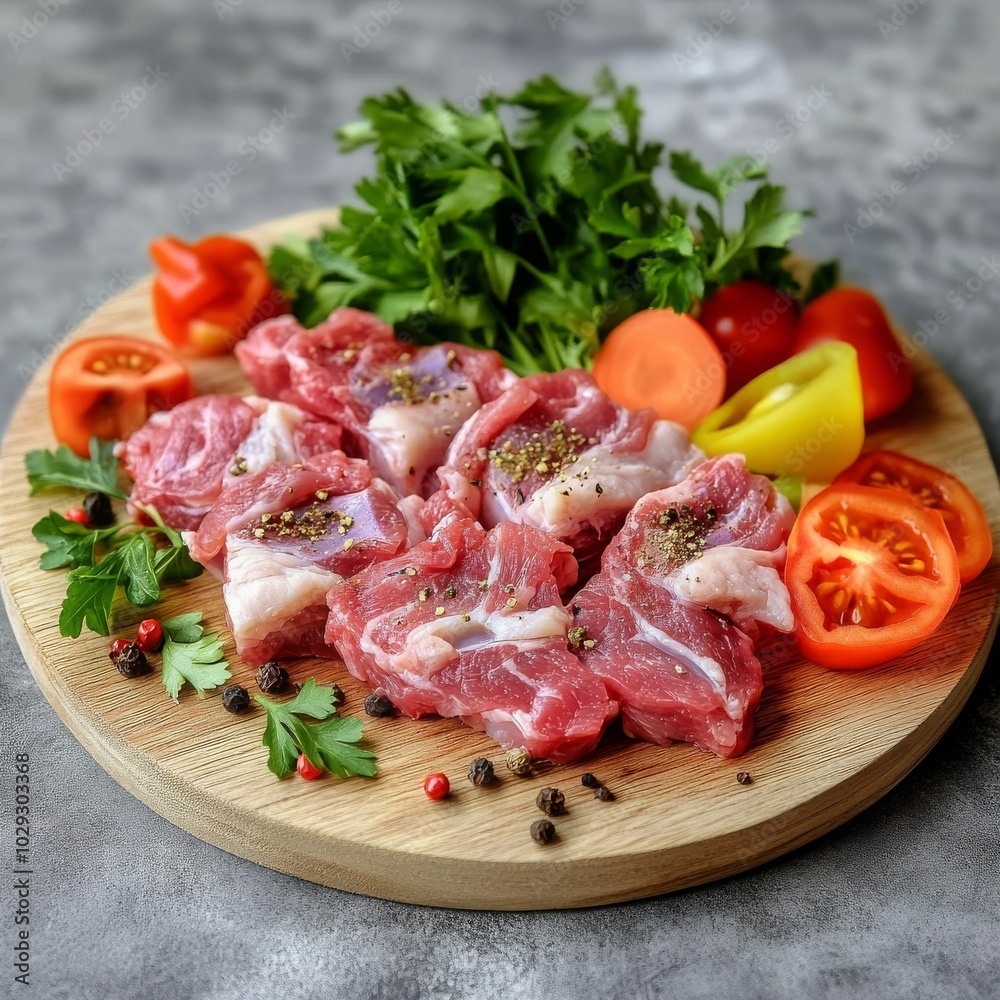 Pork neck cuts with veggies and dry spice on rustic board Pork neck cuts with veggies and dry spice on rustic board