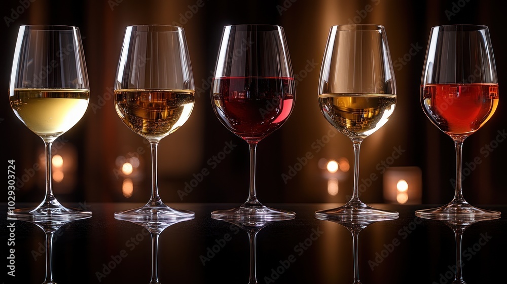 A collection of five wine glasses filled with different types of wine, elegantly displayed. A collection of five wine glasses filled with different types of wine, elegantly displayed.