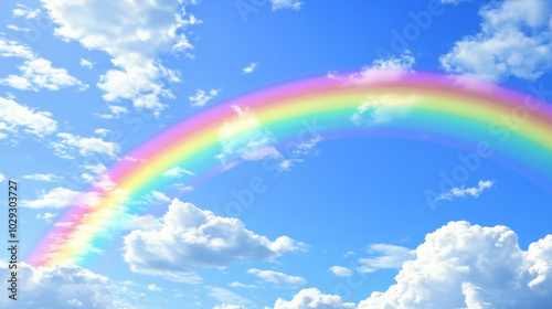 Colorful Rainbow Over Bright Blue Sky in Minimalist Illustration