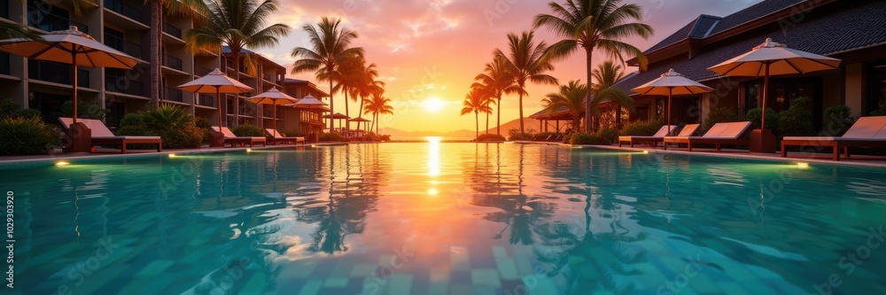 Tranquil resort scene featuring a serene infinity pool at sunset, surrounded by palm trees and luxurious lounge chairs, perfect for relaxation and vacation marketing. Tranquil resort scene featuring a serene infinity pool at sunset, surrounded by palm trees and luxurious lounge chairs, perfect for relaxation and vacation marketing.