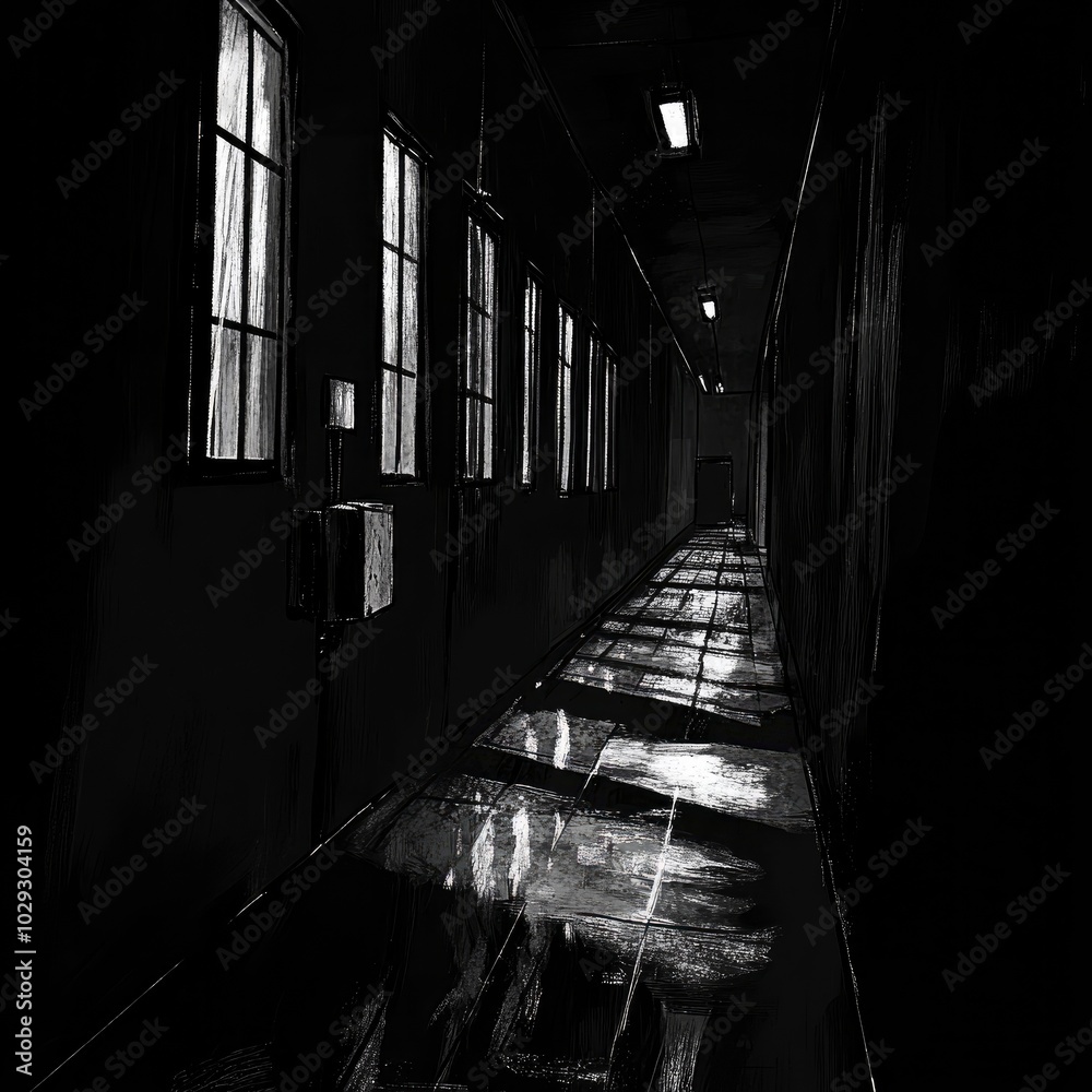 POV to a dark, dimly lit corridor