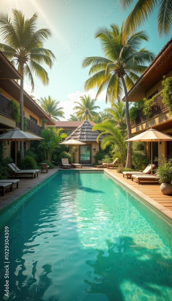 Fototapeta premium A tranquil resort setting featuring a serene pool surrounded by tropical palms and luxurious accommodations, perfect for relaxation and leisure.