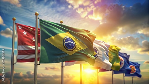 Vibrant Macro Photography of Flags with CONMEBOL and Libertadores Logos Waving in the Wind photo