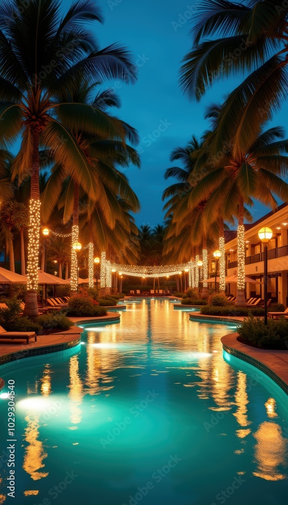A serene resort scene featuring a beautifully lit pool surrounded by palm trees, creating a relaxing atmosphere perfect for vacation marketing and travel brochures. A serene resort scene featuring a beautifully lit pool surrounded by palm trees, creating a relaxing atmosphere perfect for vacation marketing and travel brochures.