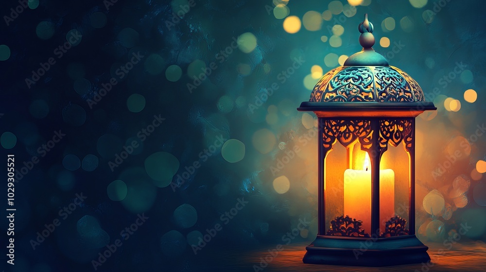 A Decorative Arabic Lantern with a Burning Candle Glowing at Night: An Elegant Holiday Card Inviting You to Celebrate the Muslim Holy Month of Ramadan Kareem A Decorative Arabic Lantern with a Burning Candle Glowing at Night: An Elegant Holiday Card Inviting You to Celebrate the Muslim Holy Month of Ramadan Kareem
