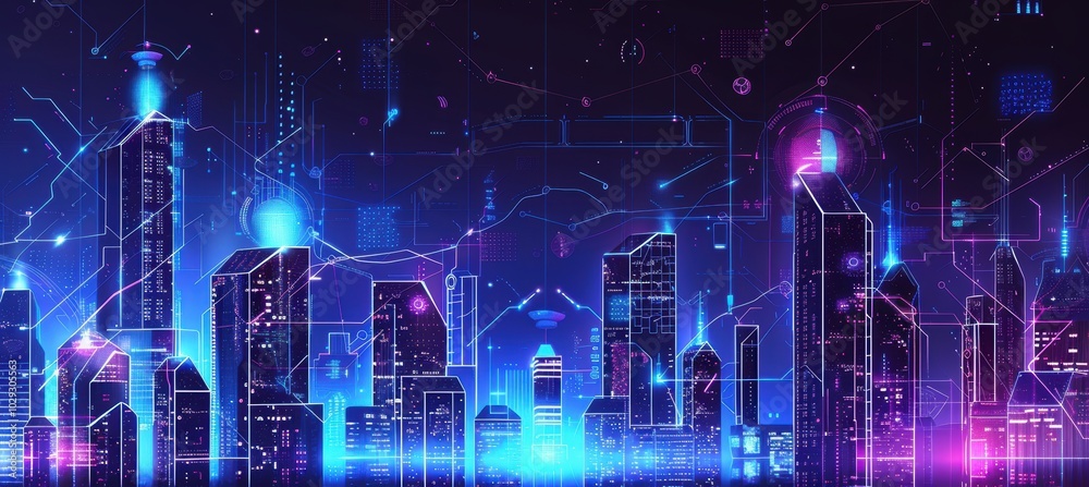 Futuristic City Skyline with Holographic Interfaces for Tech Event Banner Design Futuristic City Skyline with Holographic Interfaces for Tech Event Banner Design