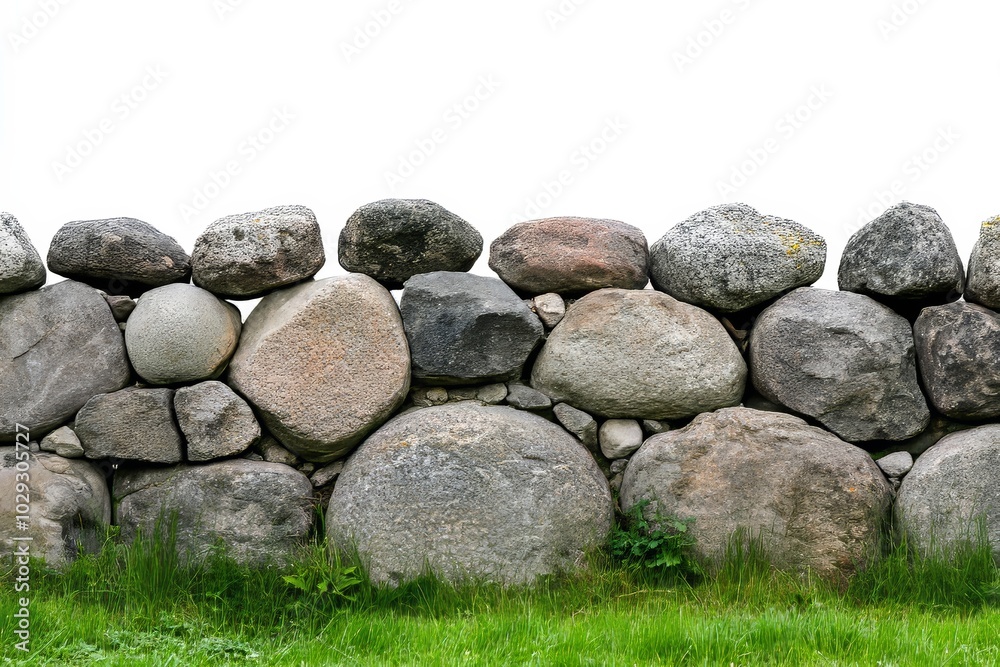 A horizontal stone wall with large rocks, green grass on the ground against a white background. A horizontal stone wall with large rocks, green grass on the ground against a white background.