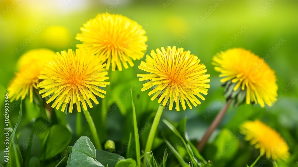 Golden dandelions adorn spring's canvas. Golden dandelions adorn spring's canvas.