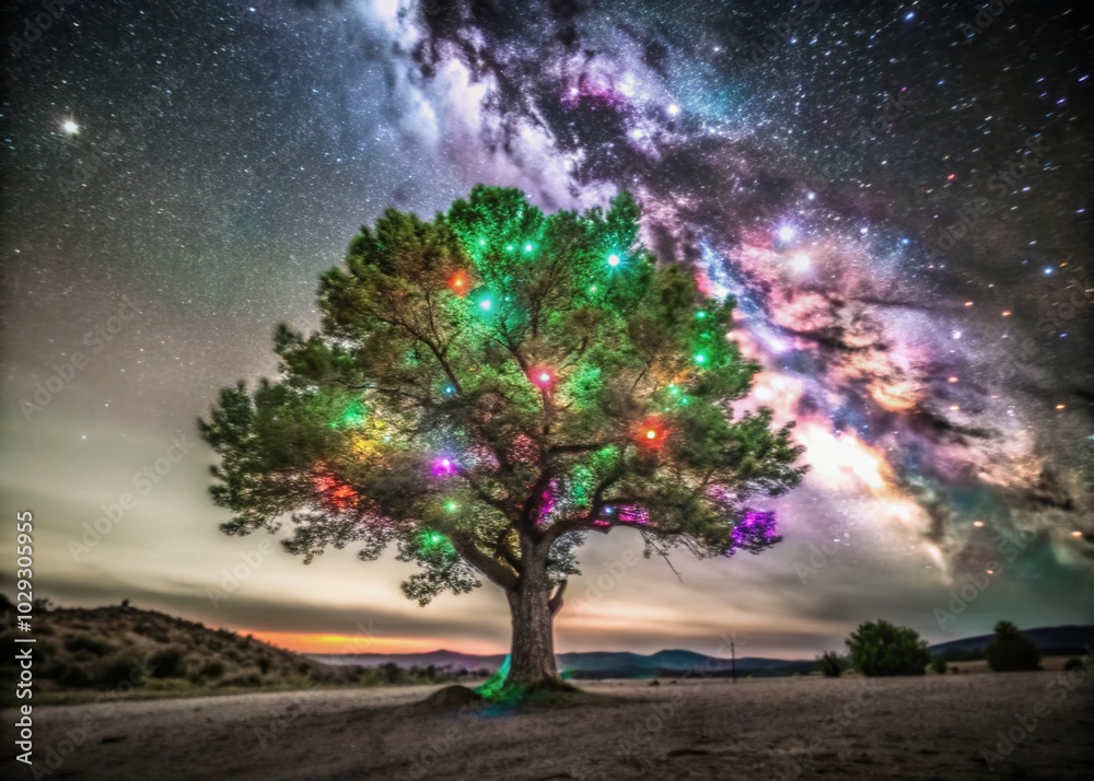 Vibrant Neon Tree Under Starry Night Sky - Nature's Mystique Vibrant Neon Tree Under Starry Night Sky - Nature's Mystique