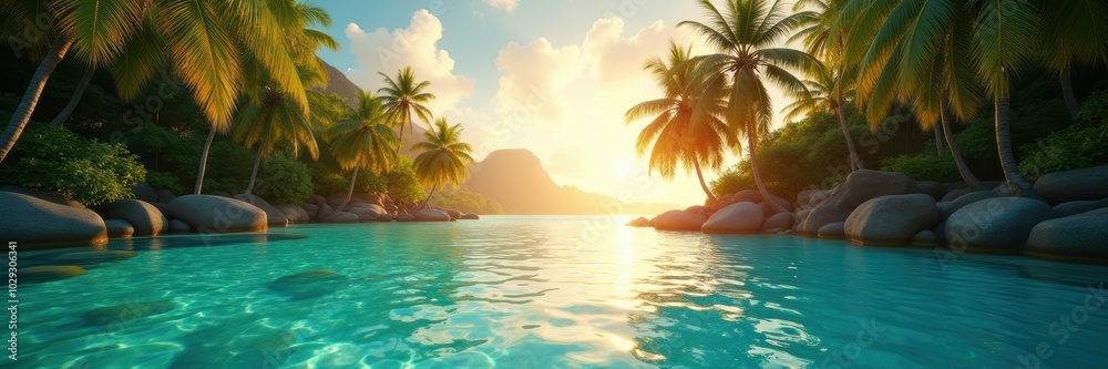 Serene tropical resort scene at sunset, featuring calm waters, lush palm trees, and distant mountains, perfect for travel promotions and relaxation imagery. Serene tropical resort scene at sunset, featuring calm waters, lush palm trees, and distant mountains, perfect for travel promotions and relaxation imagery.