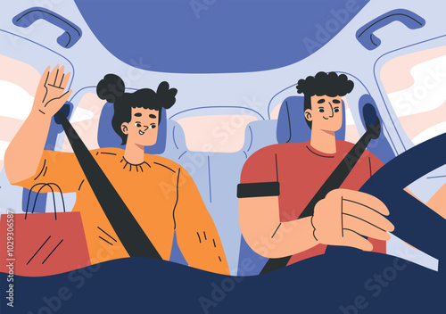 Man and Woman Character in Car Driving Enjoy Road Trip Vector Illustration