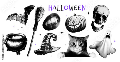 Halloween vector with halftone design of a black cat, pumpkin, bat, and skeleton.