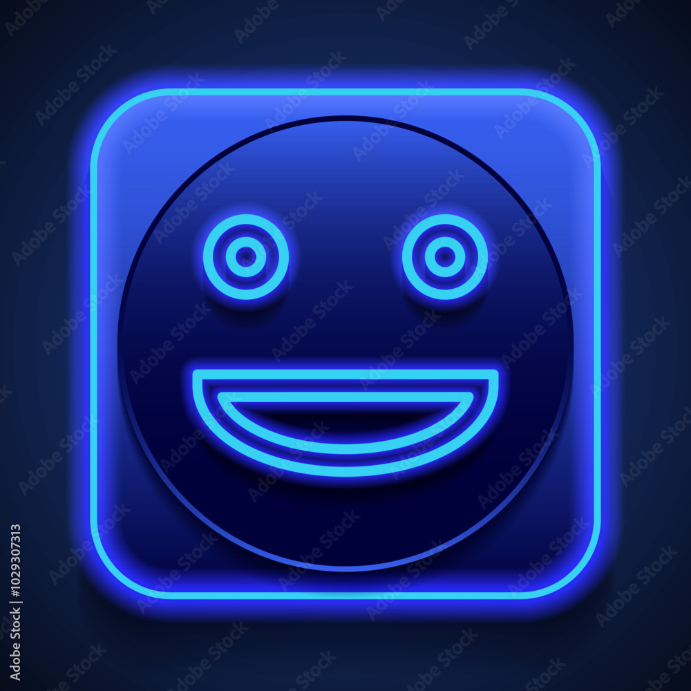 Face simple icon vector. Flat design. Blue neon style on button. With shadow
