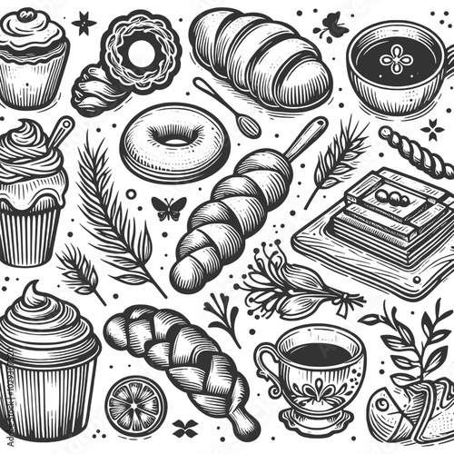 assortment of baked goods, including breads, croissants, cupcakes, and pies, sketch engraving generative ai vector illustration. Scratch board imitation. Black and white image. photo