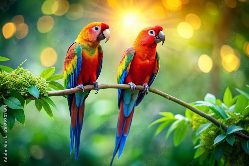 Vibrant parrots resting amidst a verdant forest, enhanced by a beautiful bokeh effect, capturing the essence of nature in a stunning photographic Vibrant parrots resting amidst a verdant forest, enhanced by a beautiful bokeh effect, capturing the essence of nature in a stunning photographic