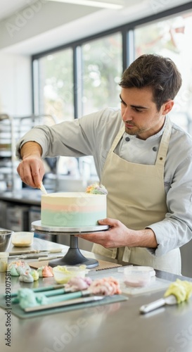 Professional Pastry Chef Decorating Elegant Cake in Kitchen photo