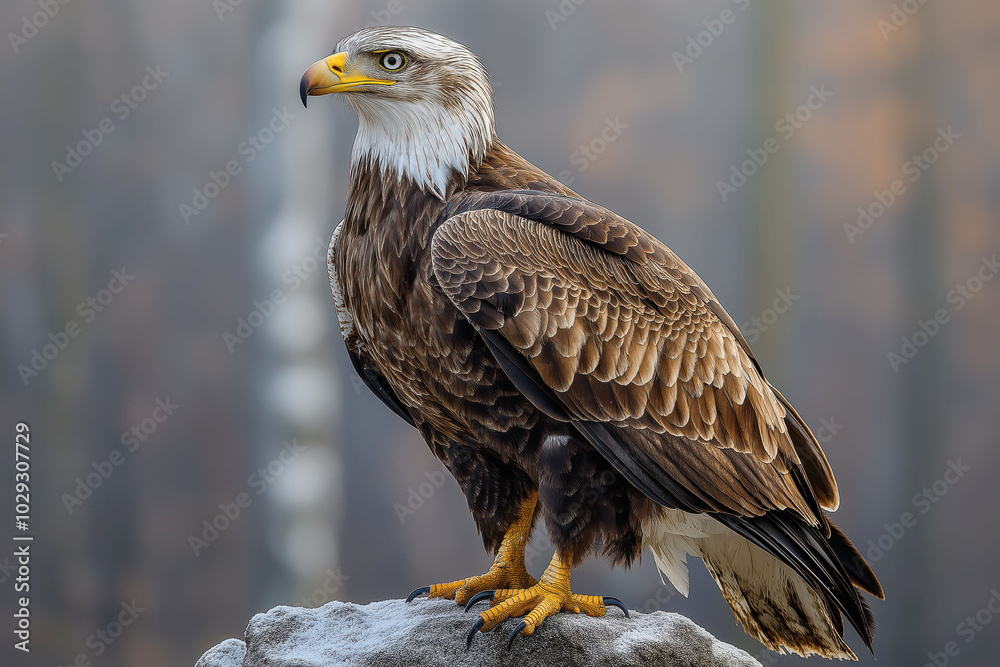 Fototapeta premium Majestic bald eagle perched on rock against blurred forest background in autumn