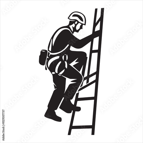 Simple minimalist vector logo of a man in a helmet and harness climbing a ladder, on a white background.