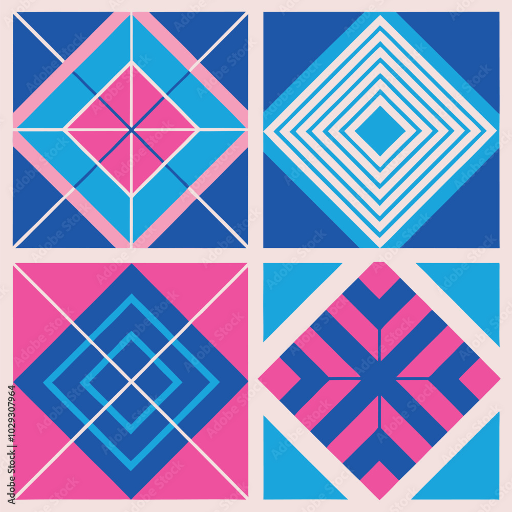 Set of geometric four distinct patterns in a grid layout. Generative AI Set of geometric four distinct patterns in a grid layout. Generative AI