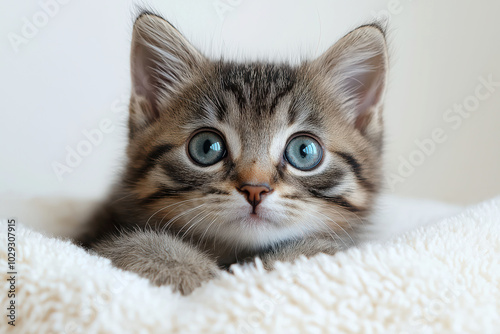 Adorable kitten resting on a soft blanket with big blue eyes