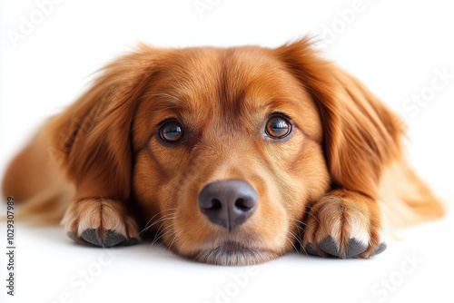 Adorable brown dog lying down with sweet expression in bright light