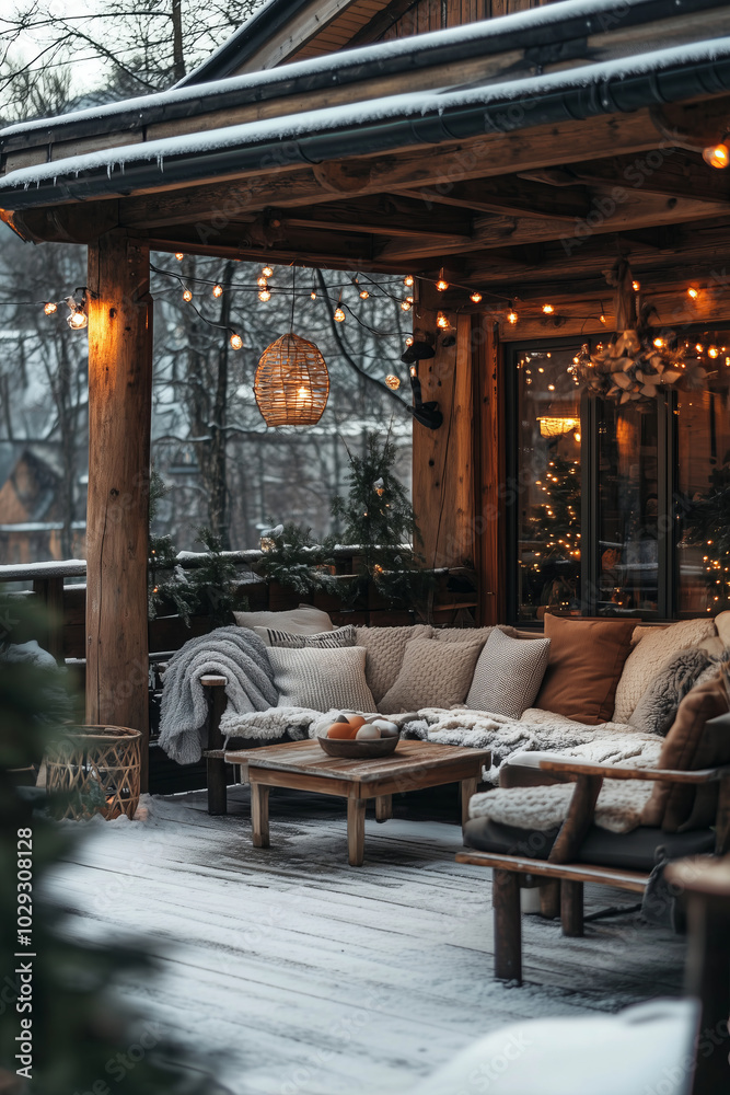 Obraz premium Cozy wooden terrace with rustic wooden furniture, soft beige pillows and blankets on snowy winter way. Charming warm evening in winter garden.
