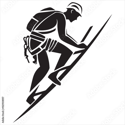Simple minimalist vector logo of a man in a helmet and harness climbing a ladder, on a white background.