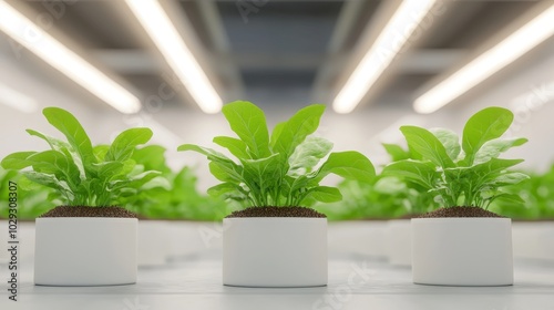 Fresh green lettuce plants growing in neat rows under bright, artificial lights in a modern indoor farm setting.