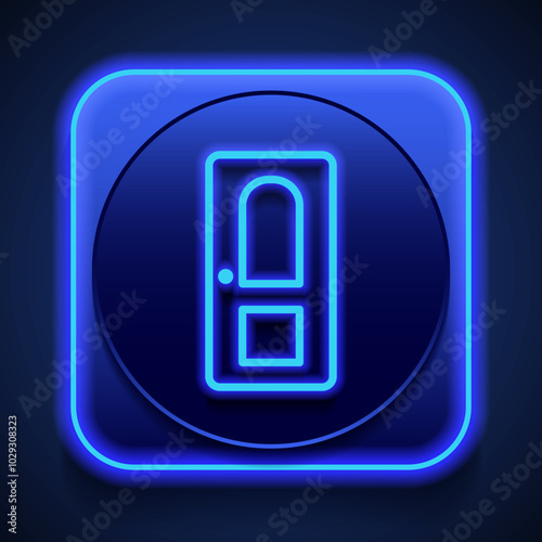 Door simple icon. Flat design. Blue neon style on button. With shadow