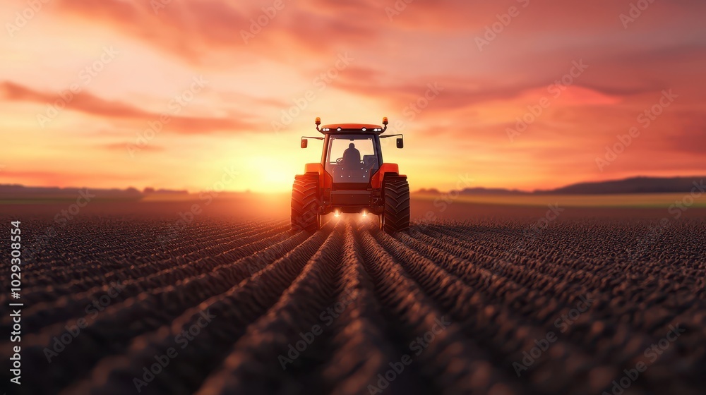 A tractor plows a field at sunset, casting a warm glow across the landscape, highlighting the beauty of agriculture in twilight. A tractor plows a field at sunset, casting a warm glow across the landscape, highlighting the beauty of agriculture in twilight.