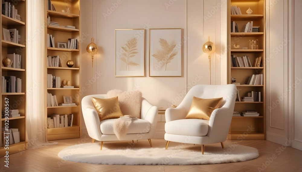 Photo modern style interior room 3d illustration White and gold theme interior modern minimalism photo realism Photo modern style interior room 3d illustration White and gold theme interior modern minimalism photo realism