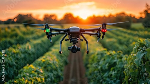 A drone carrying multispectral imaging sensors over a field of crops, supplying information for study of precision farming photo