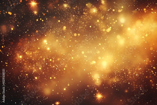 Abstract golden bokeh background with glowing particles and glittery texture, creating a warm and festive ambiance perfect for celebrations.